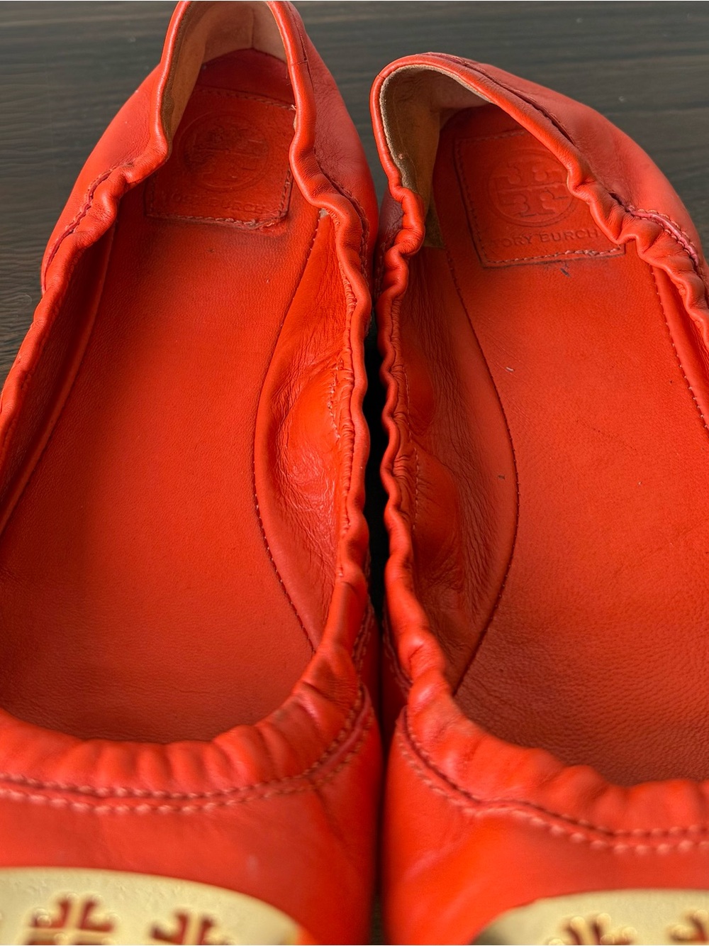 Tory Burch Orange Leather Ballet Flats with Gold Cap Toe - Picture 12 of 12